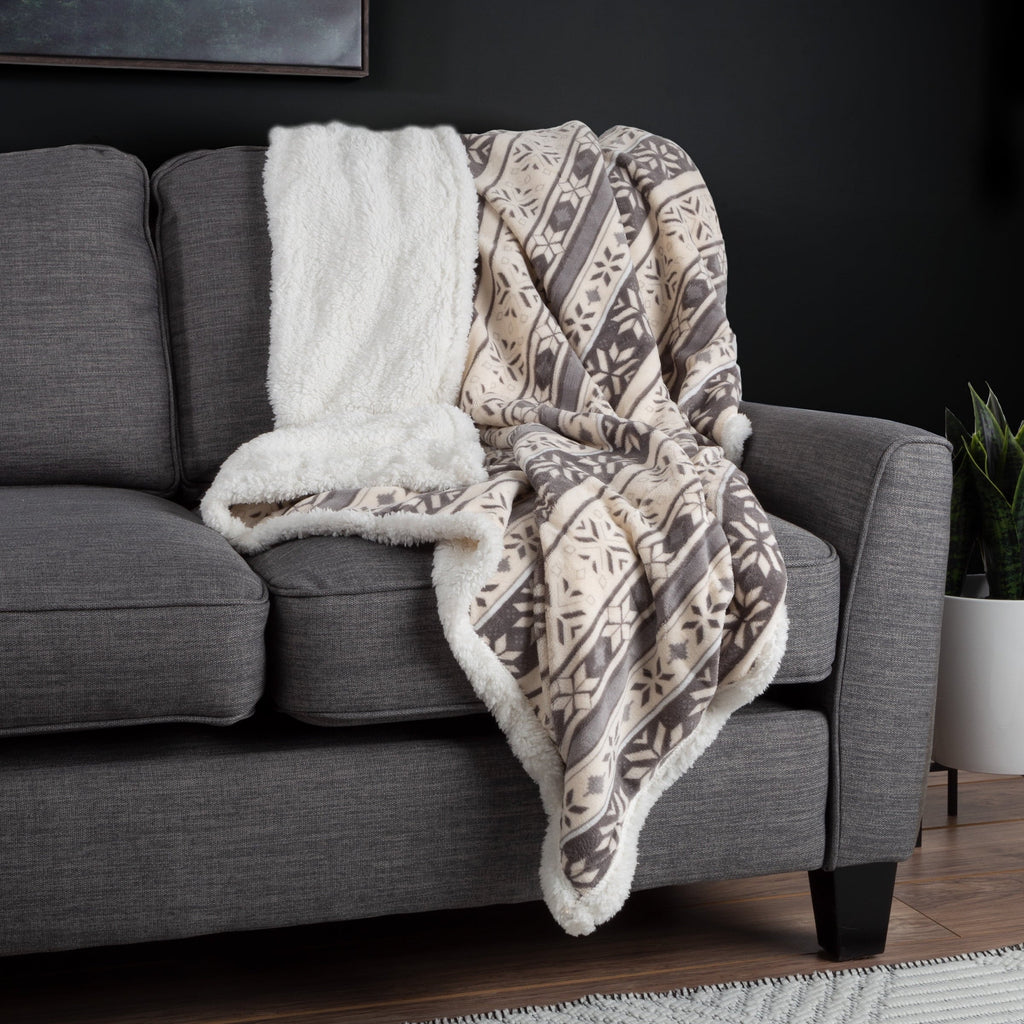 Decorative Knitted 50x60-Inch Machine Washable Fleece Blanket with Snowflakes - Super Soft Reversible Sherpa Flannel Blanket Detail