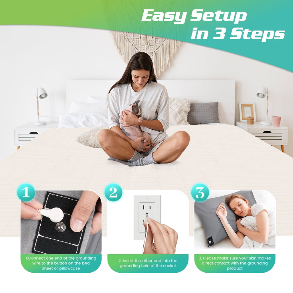 Wrinkle-Resistant Conductive Grounding Bed Sheets for Better Sleep with 15ft Cord 10% Pure Silver Fiber 27x52in Gray - Premium Ultra-Soft Pillowcase Pair for Sleeping Detail