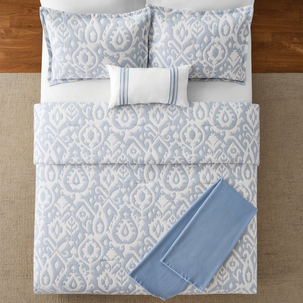 All-Season Full/Queen Comforter Set, All-Season, 5-Piece, Blue Matelasse Ikat - Hypoallergenic Ultra-Fluffy Quilt for Winter Detail