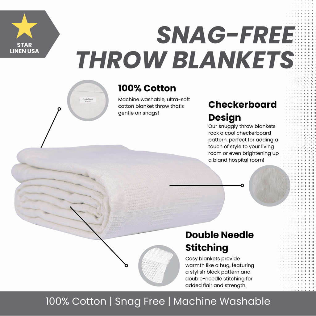 Lightweight Warm Hospital Thermal Blanket Throw Snag Free | 100% Cotton | Twin 66"x90" | White (1) - Luxury Knitted Decorative Throw Blanket with Fringes Detail