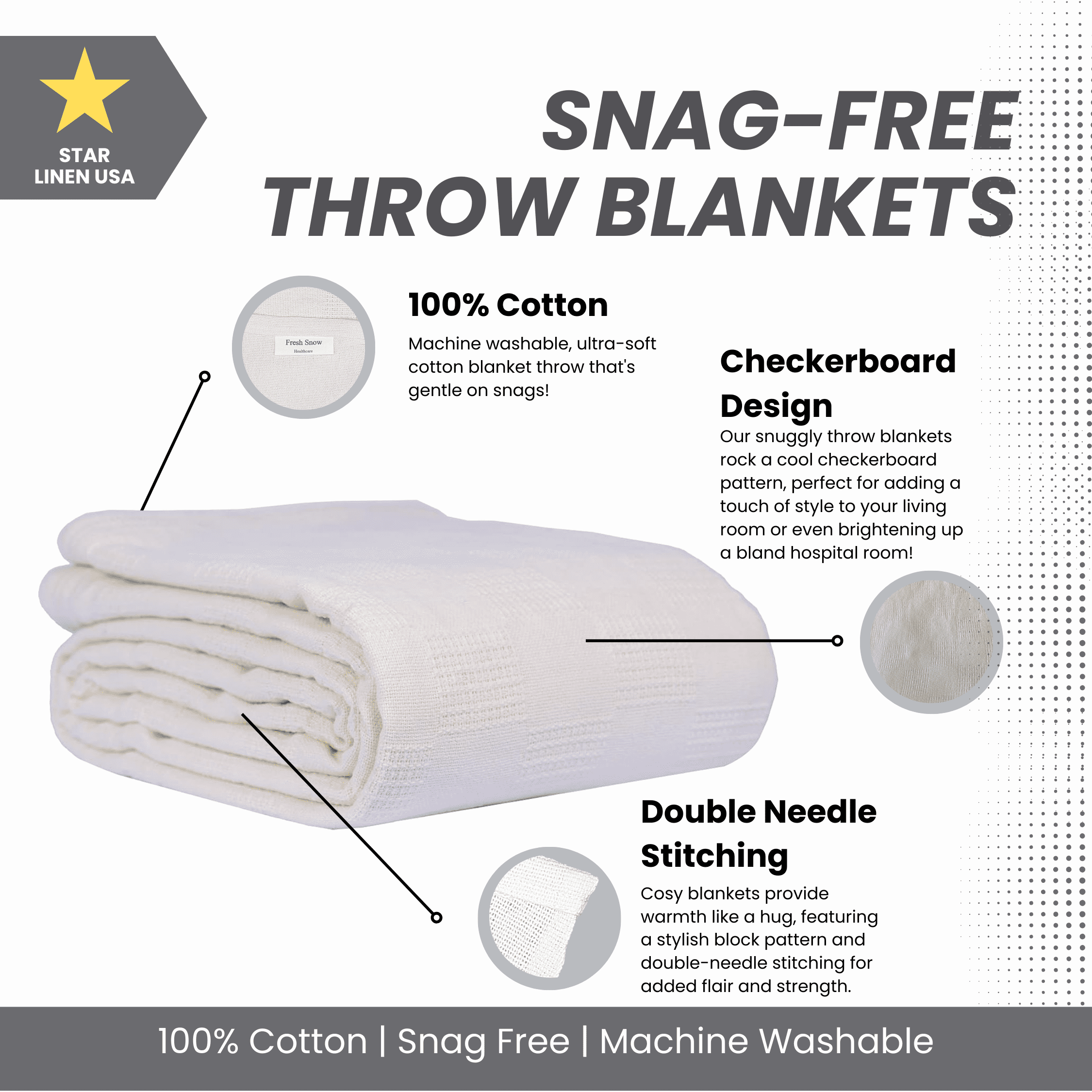 Lightweight Warm Hospital Thermal Blanket Throw Snag Free | 100% Cotton | Twin 66"x90" | White (1) - Luxury Knitted Decorative Throw Blanket with Fringes Detail