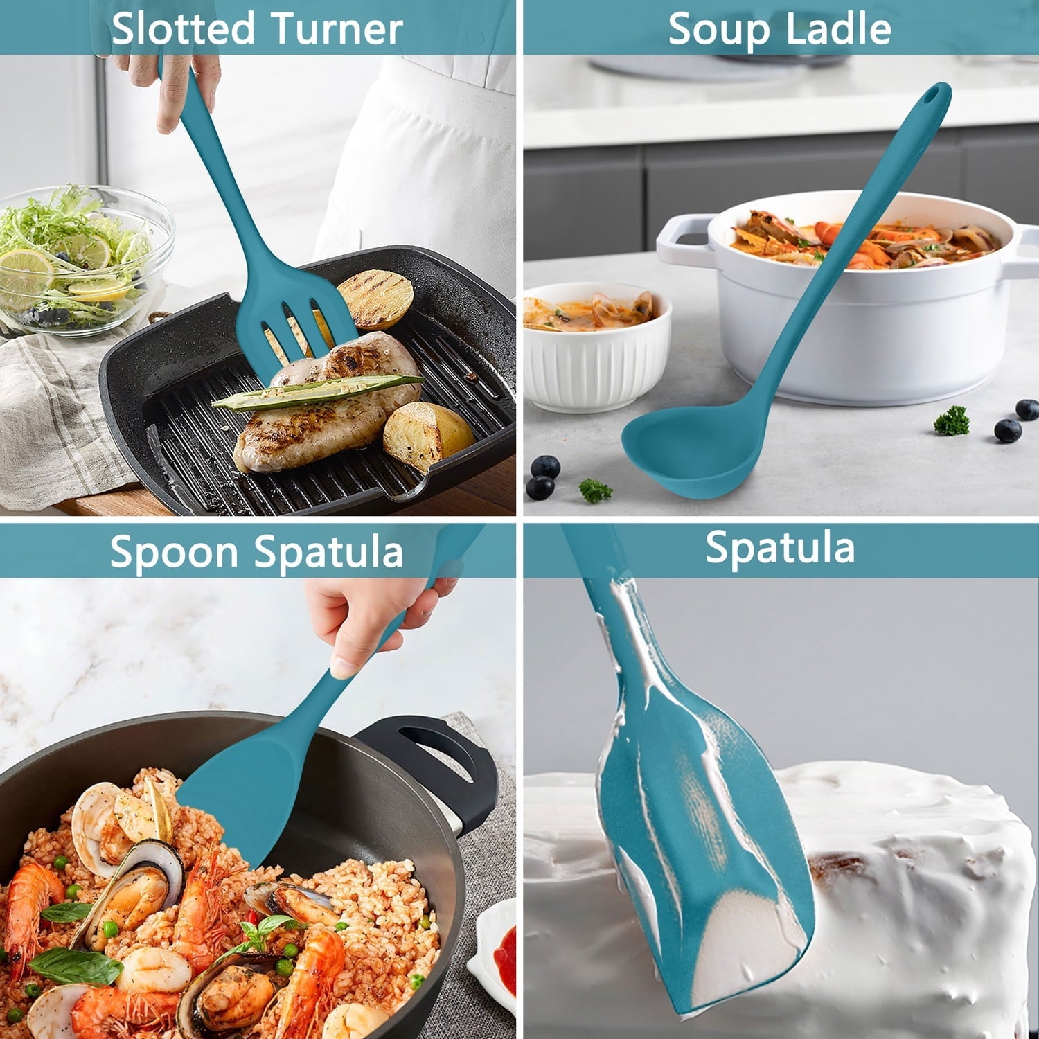 Heavy Duty 7-Piece Silicone Cooking Utensils Set, Blue Kitchen Utensils, Non-stick Gadgets Tools Include Slotted Turner, Soup La... - Multi-Purpose Hand Tool for Daily Meal Prep Detail