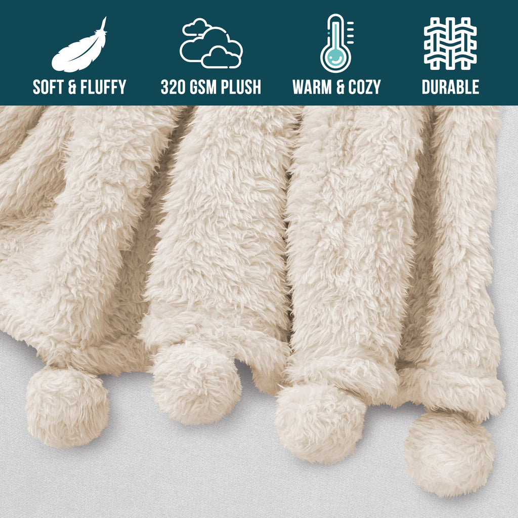 Super Soft Flannel Ivory Cream Sherpa Throw Blanket with Soft Pom Pom Fringe, Plush Cozy Warm Blankets for Couch Bed Sofa, Fuzzy Fleece ... - Super Soft Reversible Sherpa Flannel Blanket Detail