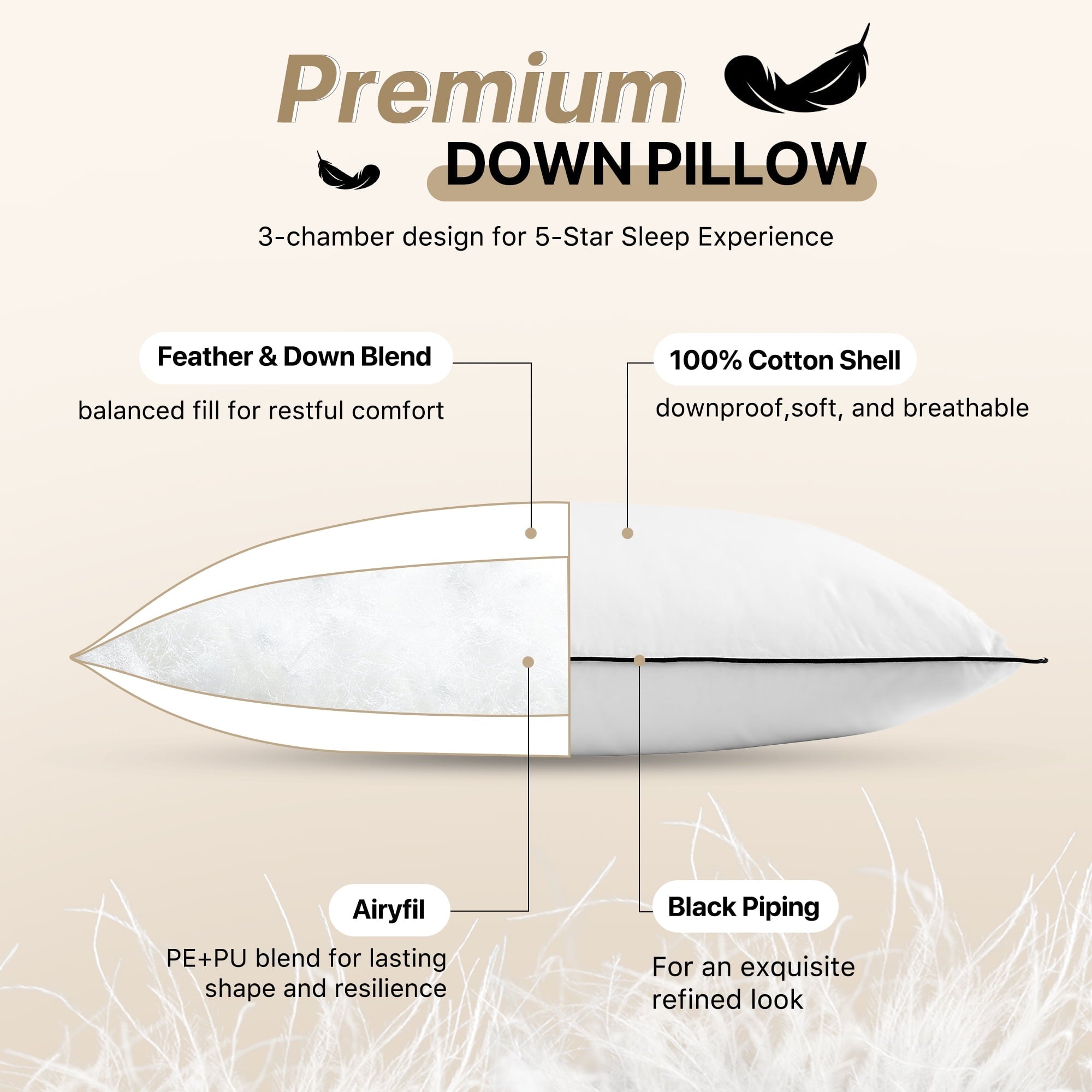 Decorative Plump Feather Down Pillows Set of 2, Medium Firm Hotel Bed Pillow 2 Pack, Queen Size, 20 x 30 in. - Decorative Throw Pillow Cushion for Sofa & Bed Detail