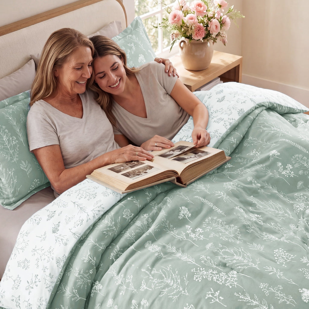 Fluffy Down Alternative 3 Pieces Sage Green Queen Size Comforter Sets, Cute Flowers Botanical Lightweight Soft Bedding Set with 2 Pillow Shams - Hypoallergenic Ultra-Fluffy Quilt for Winter Detail