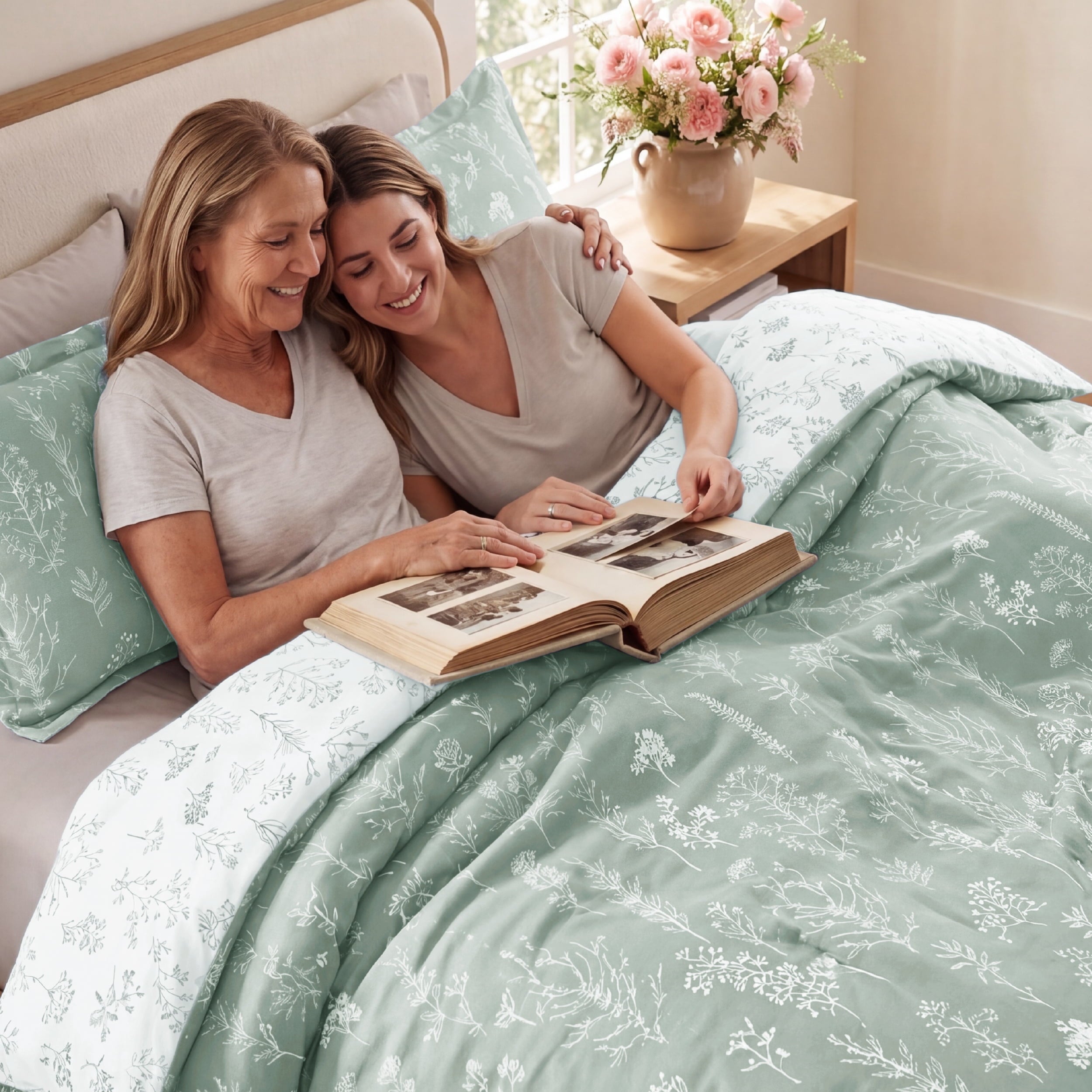 Fluffy Down Alternative 3 Pieces Sage Green Queen Size Comforter Sets, Cute Flowers Botanical Lightweight Soft Bedding Set with 2 Pillow Shams - Hypoallergenic Ultra-Fluffy Quilt for Winter Detail