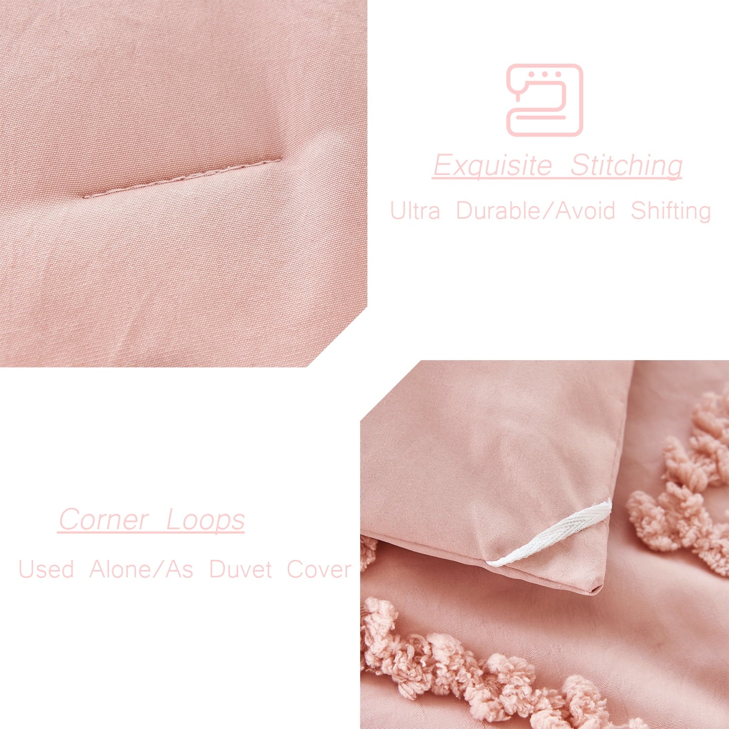 Fluffy Down Alternative Pink Diamond Jacquard Comforter Set Queen 3 Pcs Bohemian Tufts Quilt Set for Kids Girls Adult 100% Soft Microfiber Be... - Luxurious Quilted Duvet Cover Set Detail