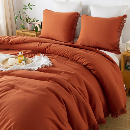 All-Season King Size Comforter Sets Burnt Orange, 3 Pieces Soft Fluffy Boho Bedding Comforter Sets for King Bed, All Season Terr... - Cloud-Like Soft Lightweight Bed Comforter Detail