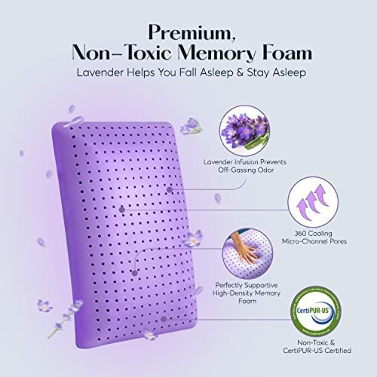 Hotel Collection Plush Zen Bed Pillow, Lavender Scented Cooling Adaptive Memory Foam Queen - Orthopedic Shredded Foam Bed Pillow Set Detail