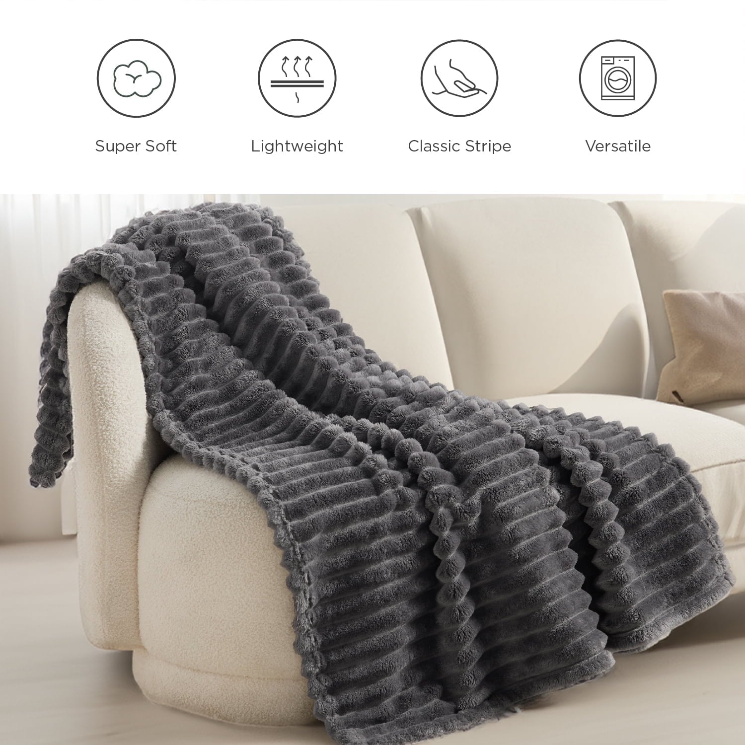 Reversible Sherpa Grey Fleece Throw Blanket for Couch - Super Soft Cozy Blankets for Women, Girls, 50x60 inches - Luxury Knitted Decorative Throw Blanket with Fringes Detail