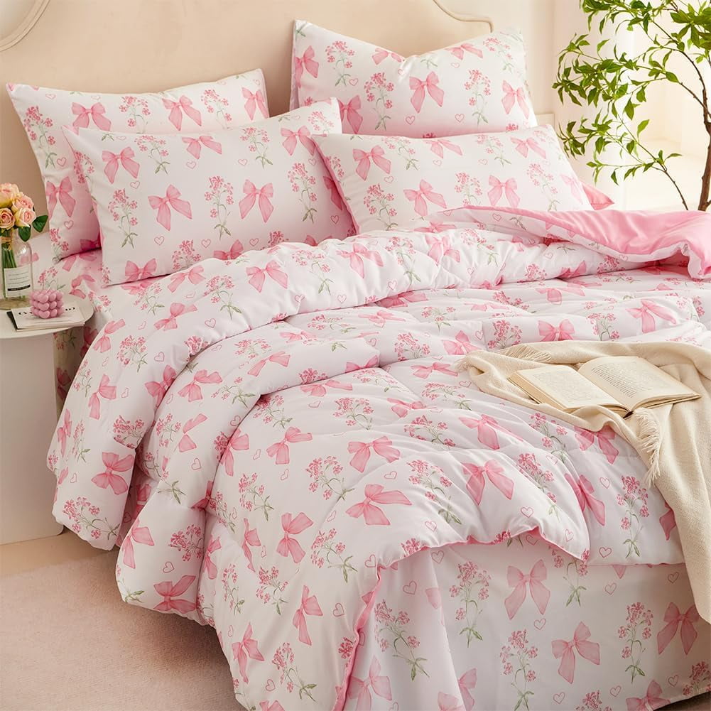 Fluffy Down Alternative Pink Bowknot Girls Comforter Set Twin Size, 3 Pieces Bows Princess Style Bedding Set for Girls for All Season - Cloud-Like Soft Lightweight Bed Comforter Detail