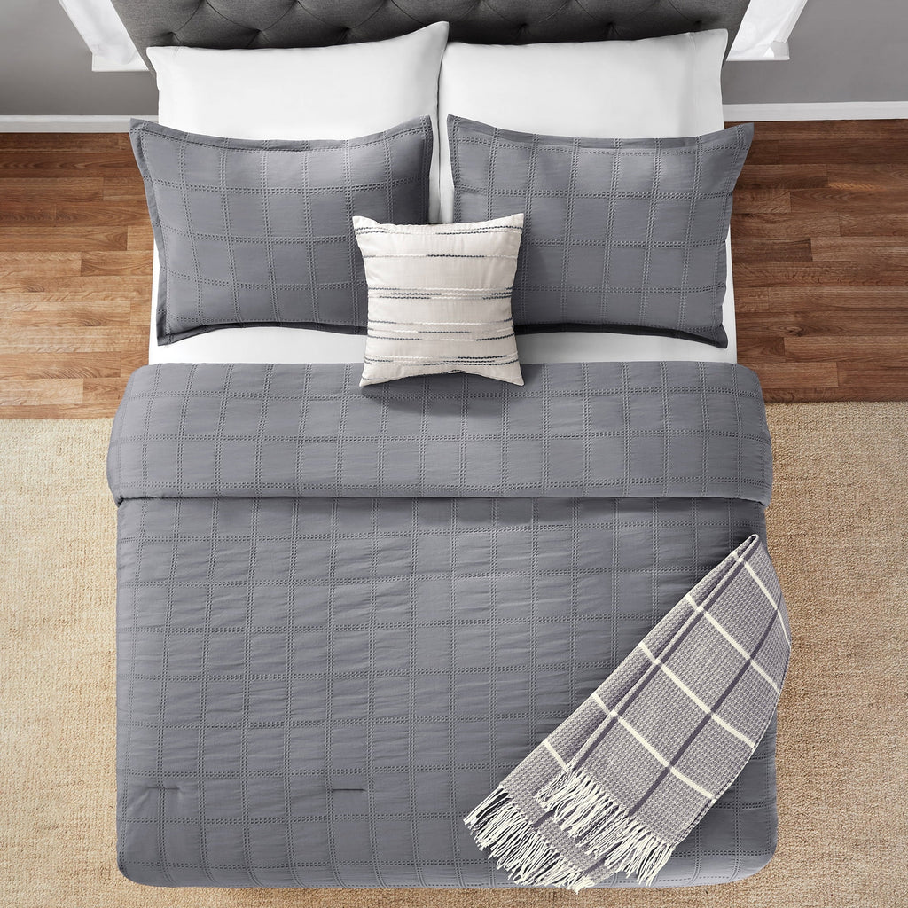 Heavyweight Warmth Full/Queen Comforter Set, All-Season, 5-Piece, Grey Waffle Check - Luxurious Quilted Duvet Cover Set Detail