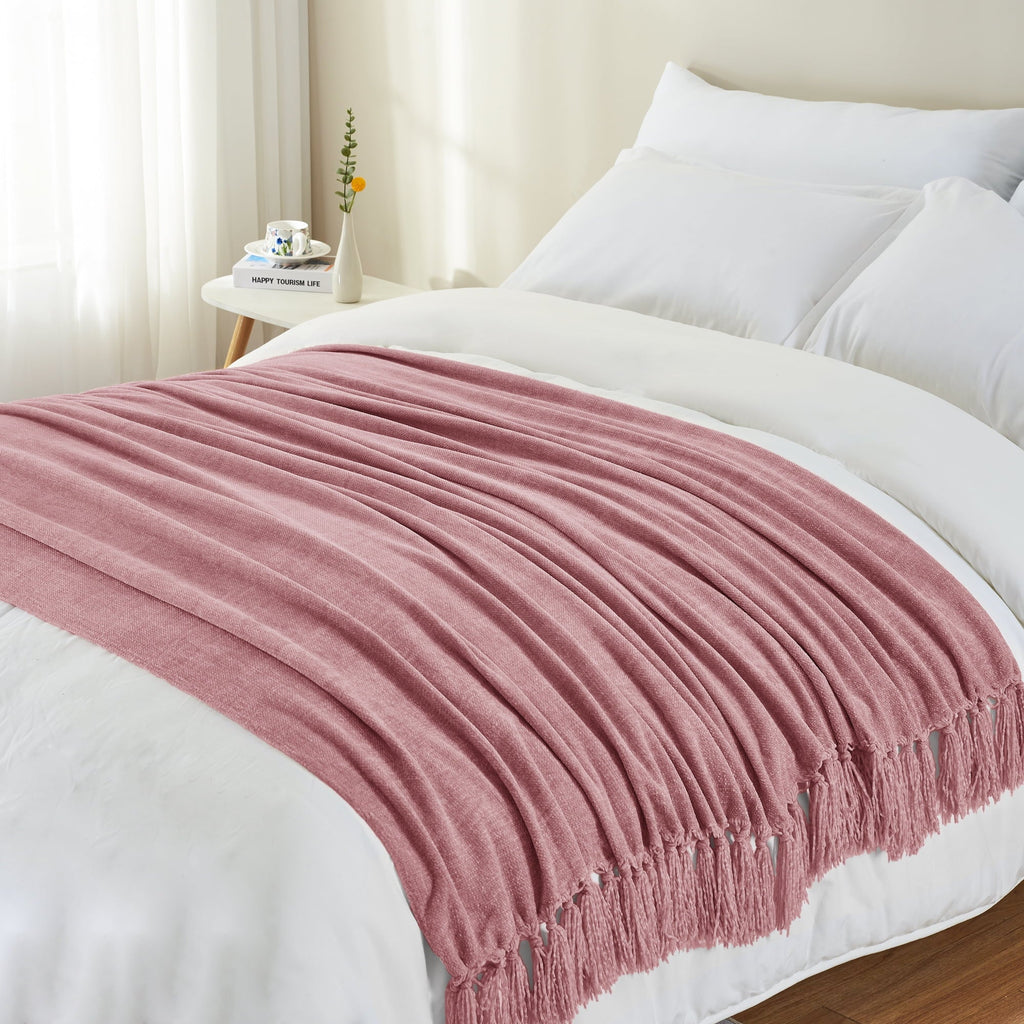 Decorative Knitted Chenille Throw Blanket with Fringe Tassel for Couch Sofa Chair Bed, Mauve 50" X 70" - Super Soft Reversible Sherpa Flannel Blanket Detail