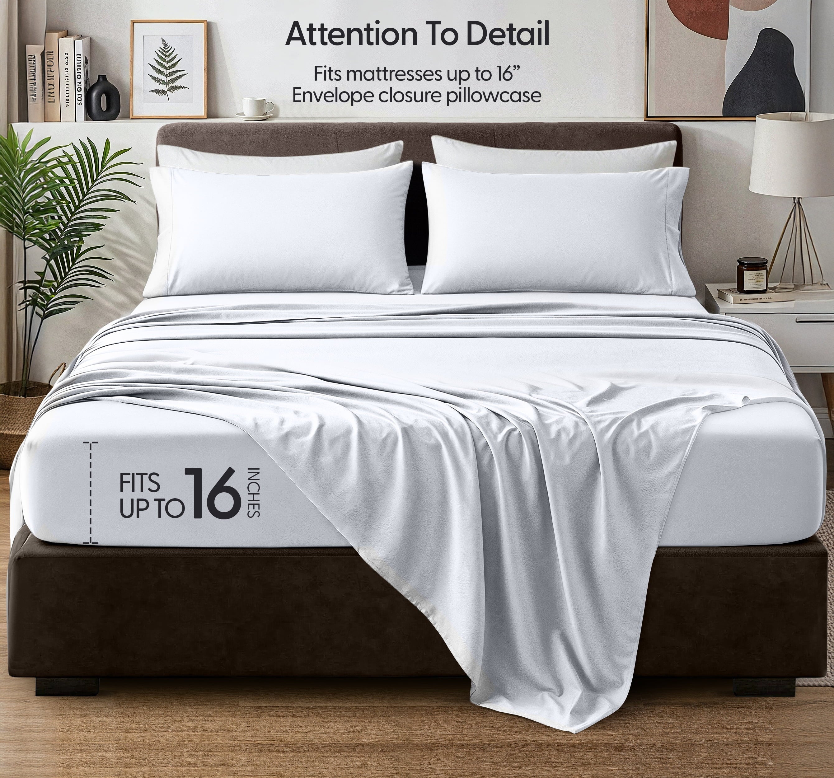 Wrinkle-Resistant Queen Size Bed Sheet Set in Bright White – 4 Piece Microfiber Sheets, Ultra-Soft, Deep Pocket, Wrinkle-Resistant, Eas... - Premium Ultra-Soft Pillowcase Pair for Sleeping Detail