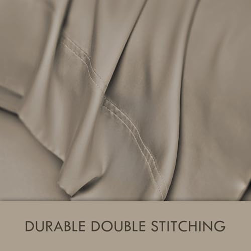 Premium Egyptian Cotton Home 4-Piece Queen Bamboo Bed Sheet Set, 100% Organic Cooling Fabric, 16" Deep Pocket, Taupe - Cooling Hotel Quality Bedding Sheets and Pillowcases Detail
