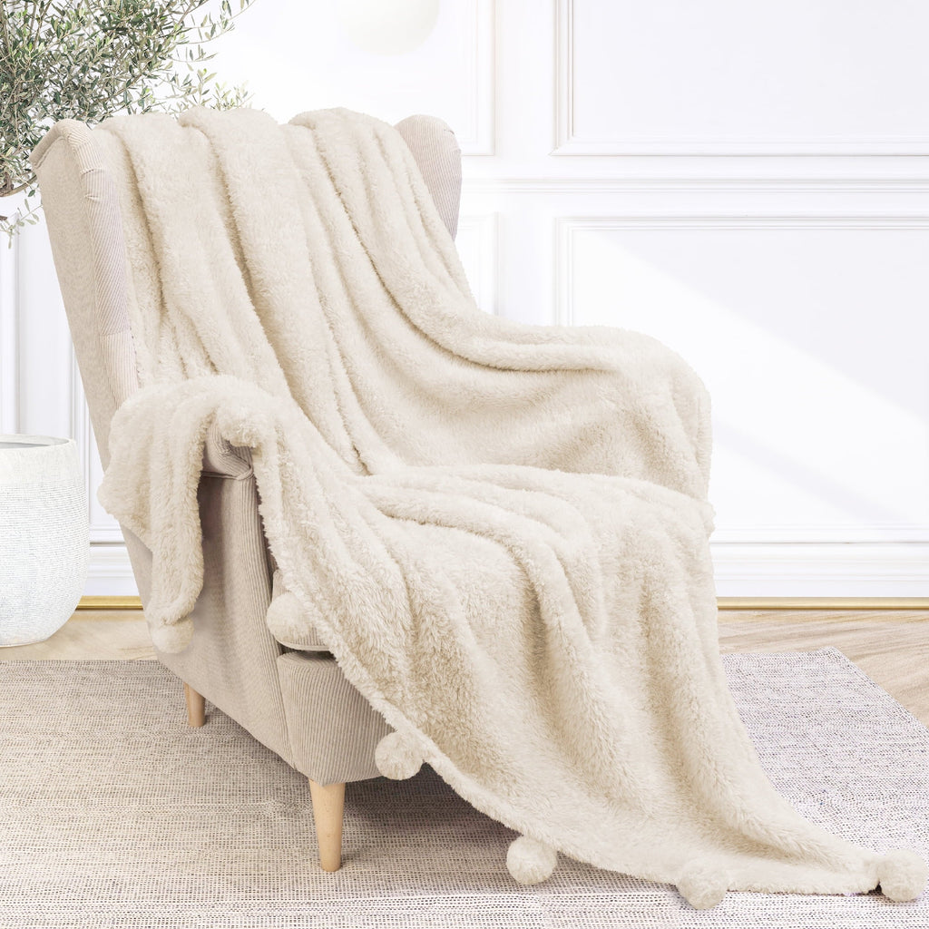 Super Soft Flannel Ivory Cream Sherpa Throw Blanket with Soft Pom Pom Fringe, Plush Cozy Warm Blankets for Couch Bed Sofa, Fuzzy Fleece ... - Super Soft Reversible Sherpa Flannel Blanket Detail