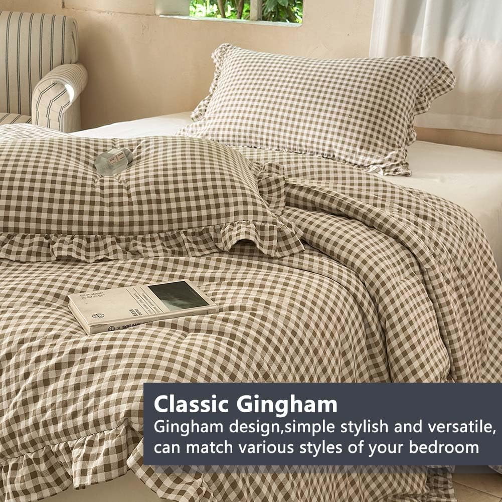 Luxurious Quilted Tan Gingham Ruffle Queen Comforter Set, Taupe Ruffled Plaid Bedding Set, Ruffled Checked Bed Comforter 3 Pieces(Tan G... - Hypoallergenic Ultra-Fluffy Quilt for Winter Detail