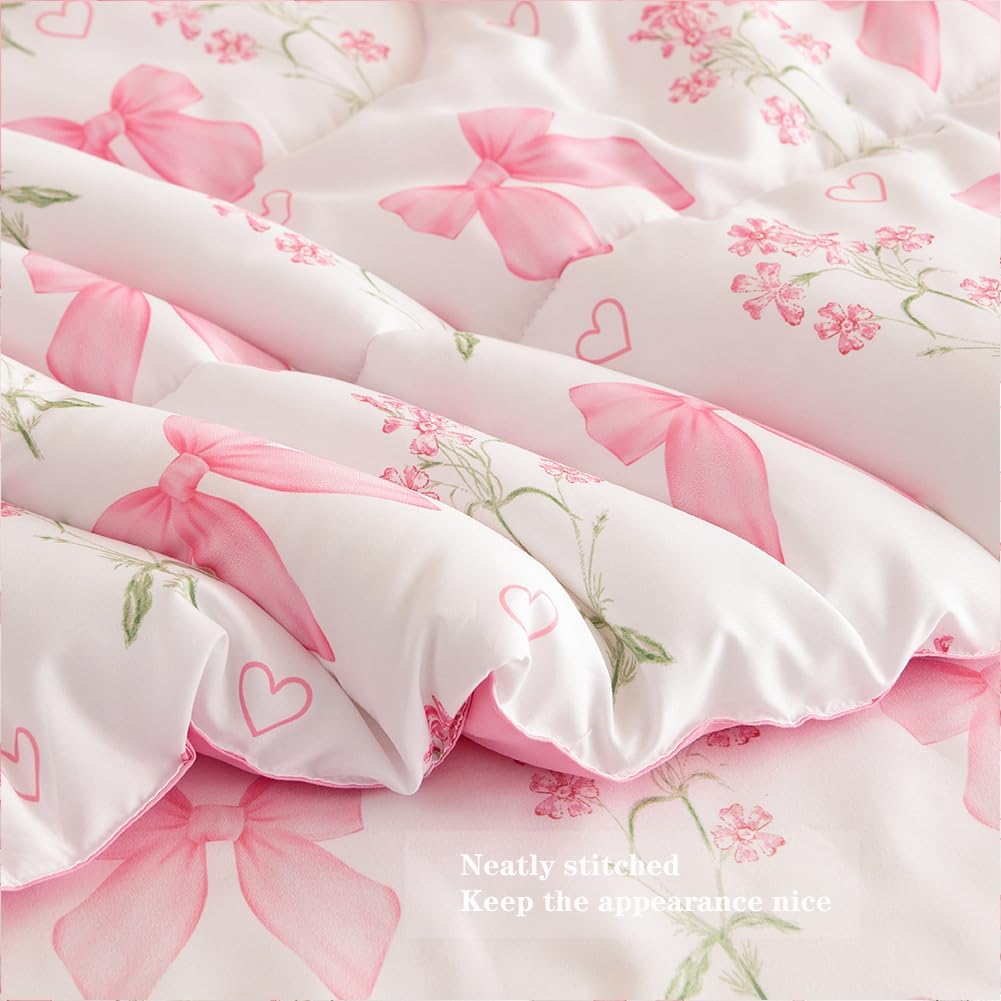Fluffy Down Alternative Pink Bowknot Girls Comforter Set Twin Size, 3 Pieces Bows Princess Style Bedding Set for Girls for All Season - Cloud-Like Soft Lightweight Bed Comforter Detail