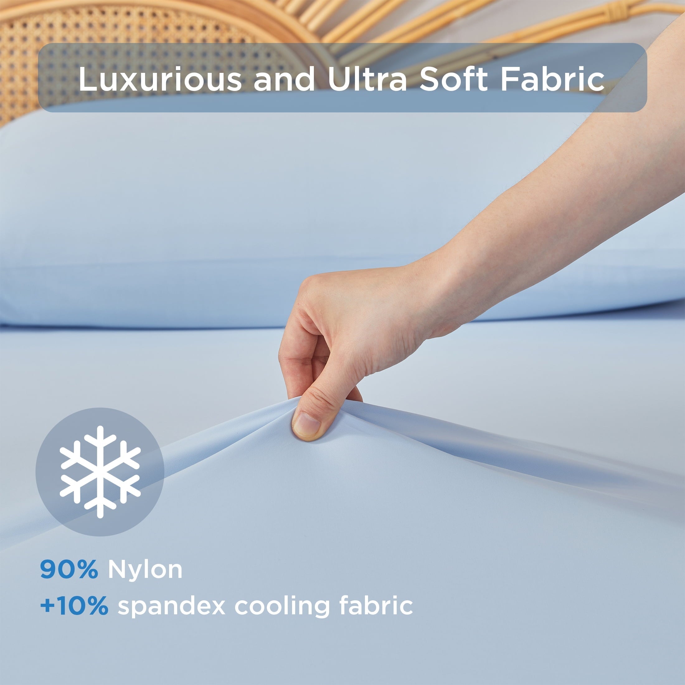 Cooling Sateen Full/QueenSize Sheet Set, 3 Piece Cooling Bed Sheet with Deep Pocket for Hot Sleepers, Ice Blue - Breathable Egyptian Cotton Flat & Fitted Sheets Detail