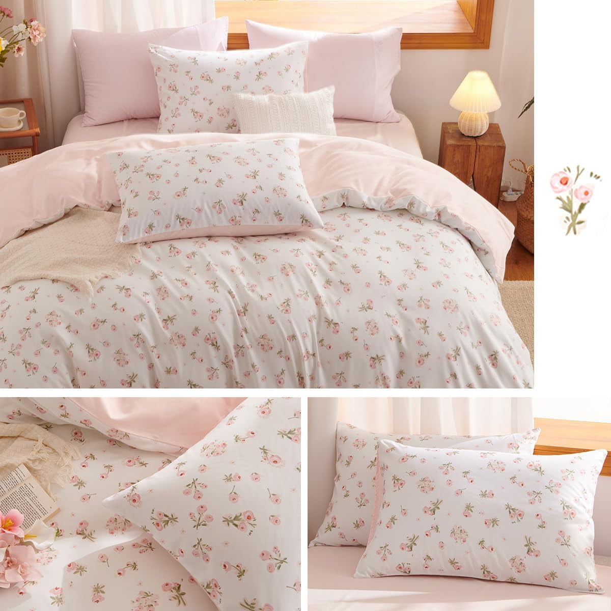 Heavyweight Warmth Pink loyalty Floral Comforter Queen Sets, 3 Pieces Chic Botanical Pink White Floral Reversible Comforter for All Season - Luxurious Quilted Duvet Cover Set Detail