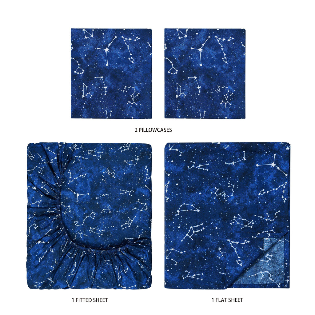 Wrinkle-Resistant Kids Soft Microfiber Sheet Set, Navy Blue Stars, Full, 4 Pieces, Easy Care - Breathable Egyptian Cotton Flat & Fitted Sheets Detail