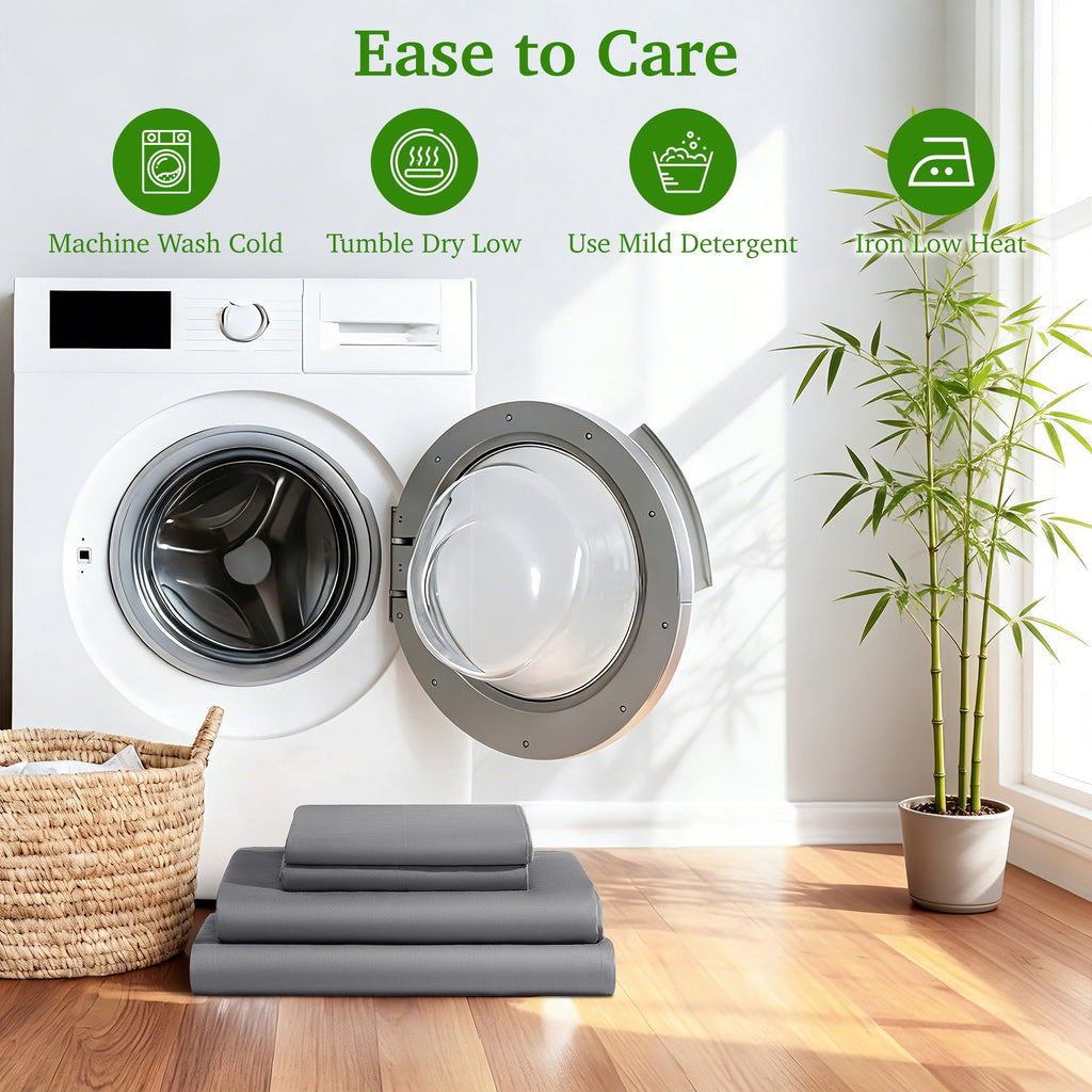 Wrinkle-Resistant Bamboo Queen Sheet Set, Luxury Soft 4 Pieces Bed Sheets with 18" Deep Pocket, Gray - Breathable Egyptian Cotton Flat & Fitted Sheets Detail