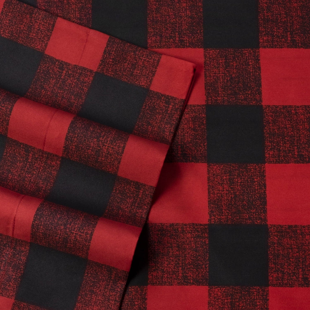 Premium Egyptian Cotton Buffalo Plaid Black and Red 4 Piece Bed Sheet Set - Twin - Breathable Egyptian Cotton Flat & Fitted Sheets Detail