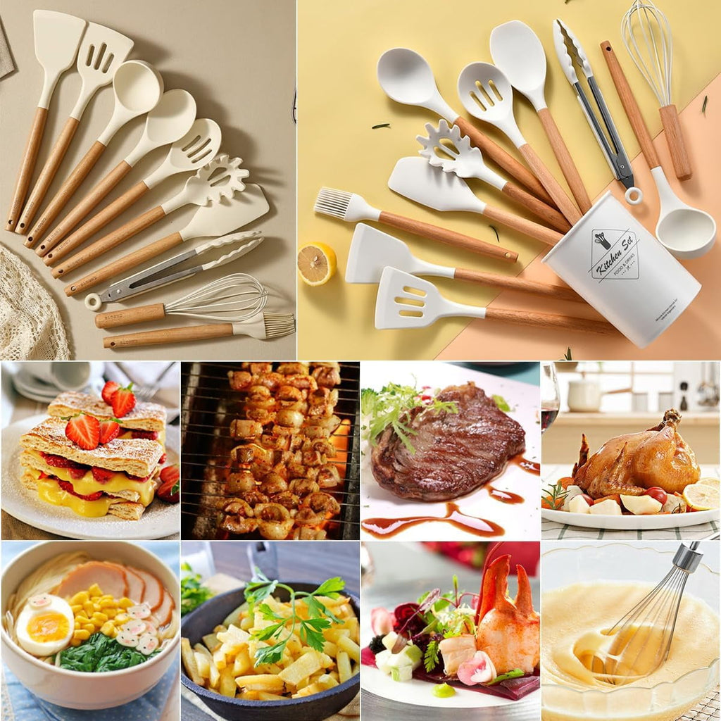 Premium Silicone Cooking Utensils Set, 12 packs Non-Stick Silicone Cooking Kitchen Utensils Spatula Set with Wooden Handles and... - Heat-Resistant Silicone Cooking Spatula Turner Detail
