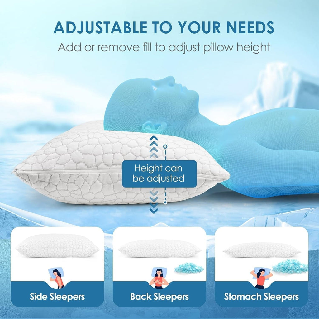 Fluffy Shredded Cooling Bed Pillows Queen Size Set of 2, Shredded Memory Foam Pillows for Sleeping 2 Pack, Adjustable Soft Firm Pillo... - Orthopedic Shredded Foam Bed Pillow Set Detail