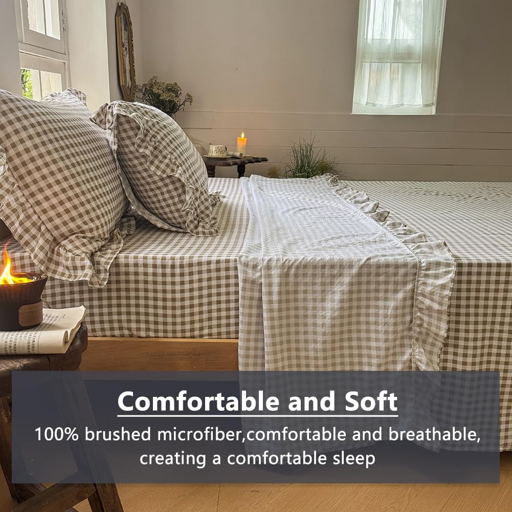 Ultra-Soft Tan Gingham Ruffle Queen Sheet Set, Taupe Soft Pre-Washed Microfiber Plaid Ruffled Queen Bed Sheets, 4-Pieces Farmhou... - Premium Ultra-Soft Pillowcase Pair for Sleeping Detail