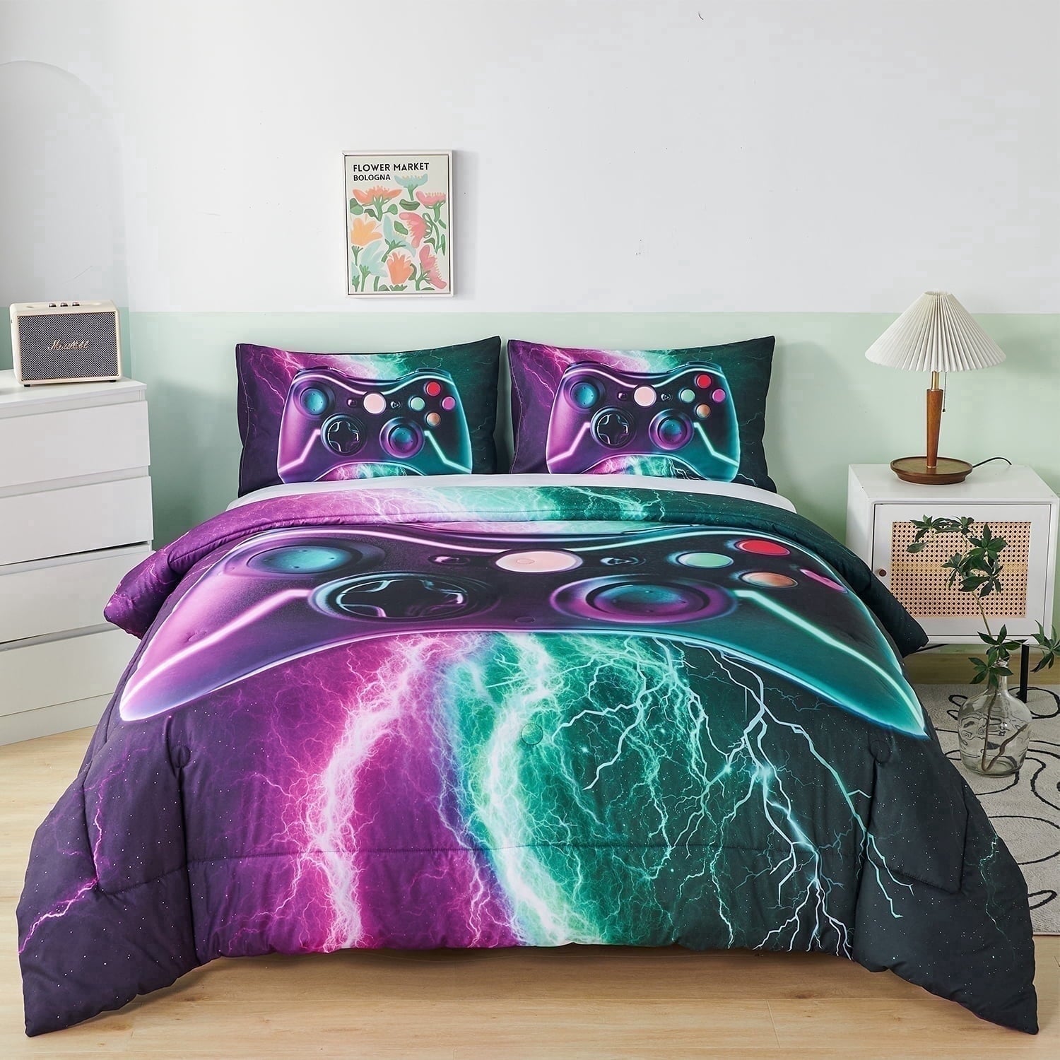 Luxurious Quilted Queen Size Gaming Comforter Set for Boys,3-Piece 3D Green Purple Lightning Game Controller Bedding Set for Kids Teens - Cloud-Like Soft Lightweight Bed Comforter Detail