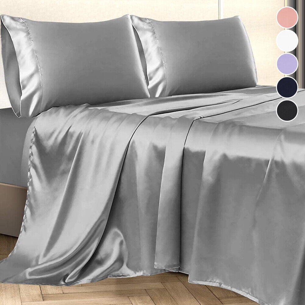 Wrinkle-Resistant Twin Silk Gray Bed Sheet Set Deep Pocket Bed Flat Fitted Sheet, 3-Pieces - Breathable Egyptian Cotton Flat & Fitted Sheets Detail