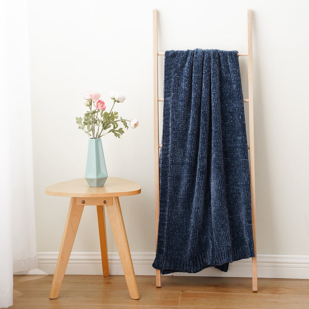 Lightweight Warm Navy Blue Chenille Throw for Couch Bed,Soft Navy Knit Blanket, Housewarming Gifts, 51"x 67" - Super Soft Reversible Sherpa Flannel Blanket Detail