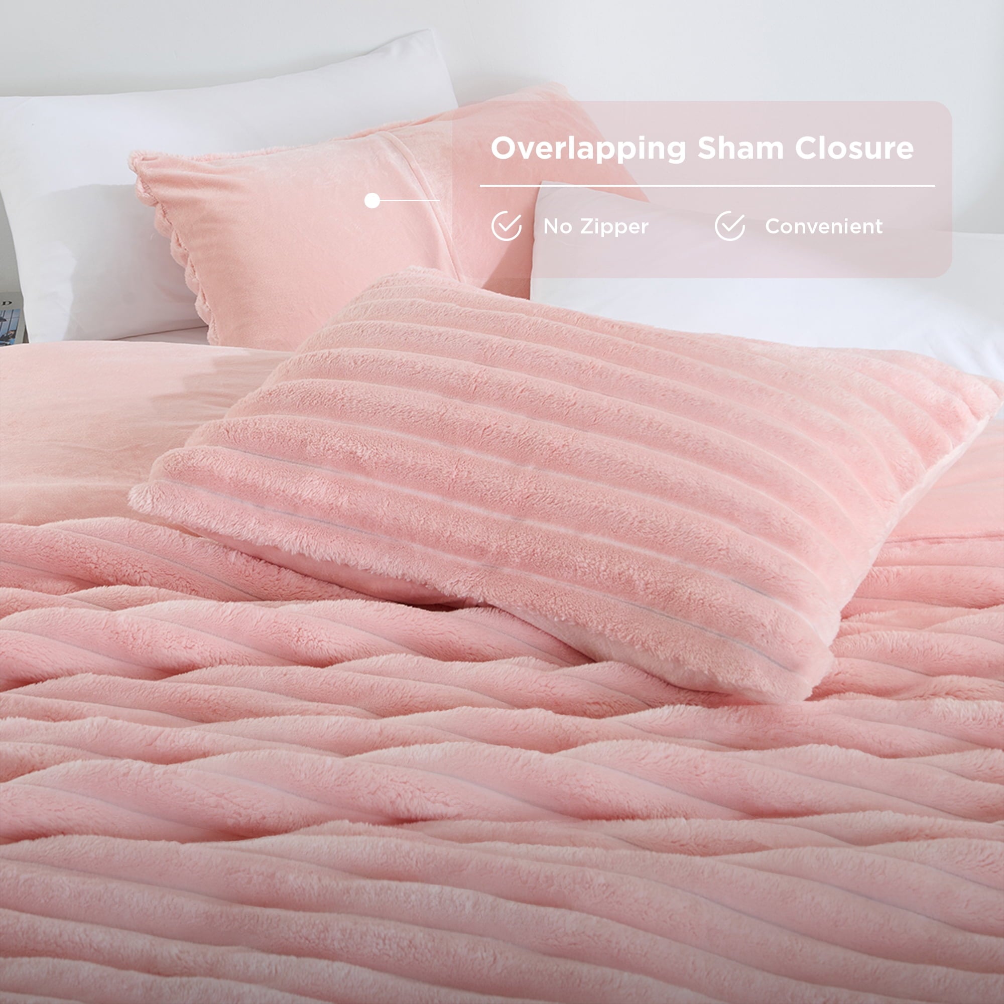 Luxurious Quilted Full/Queen Size Comforter Set, Fluffy Ribbed Plush Comforter Set, 3-Piece Bedding Set, Pink - Luxurious Quilted Duvet Cover Set Detail