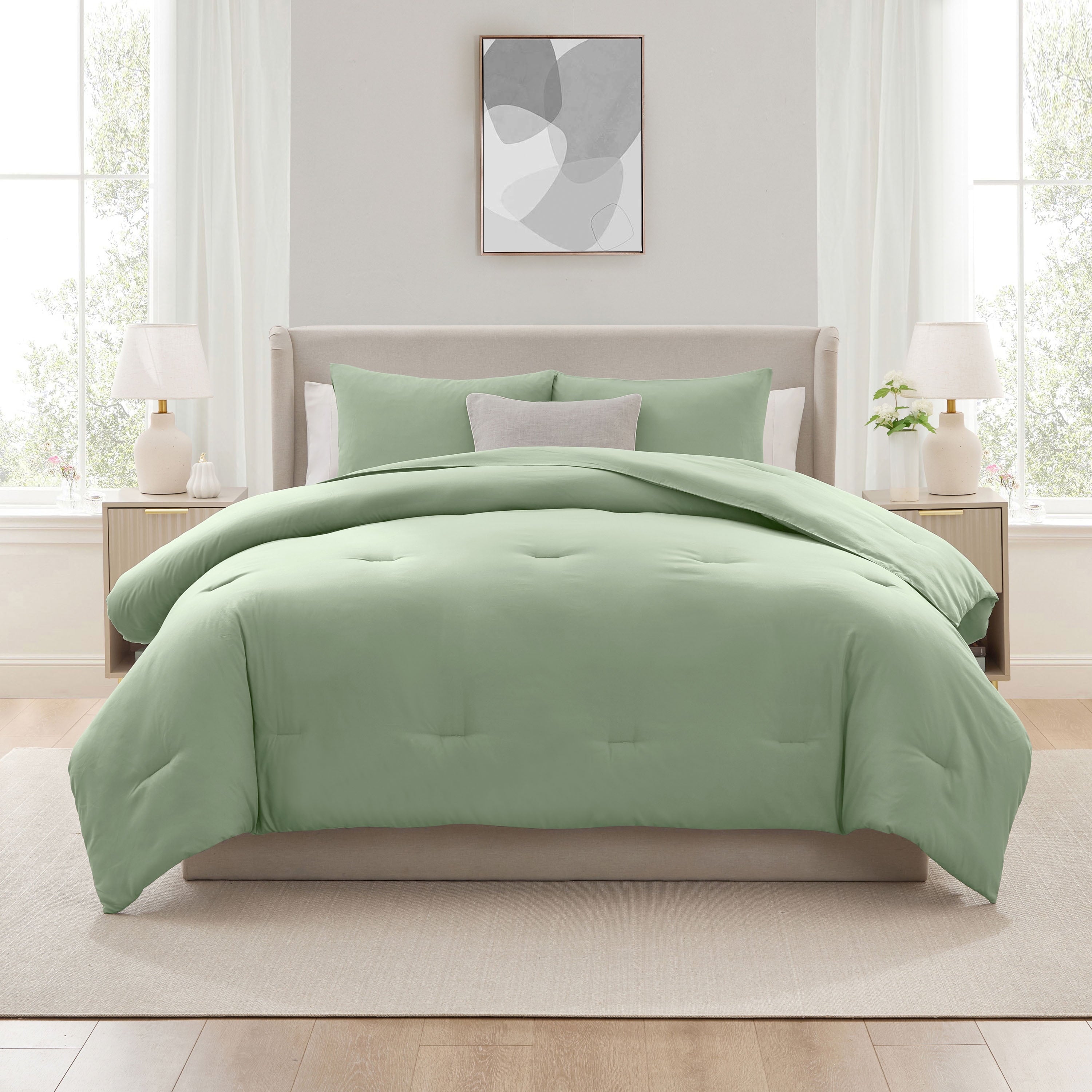 Fluffy Down Alternative Comforter Sets, All Season Lightweight Solid Queen Comforter Set, 3-Pc Bedding Sets, Sage Green - All-Season Down Alternative Comforter Insert Detail