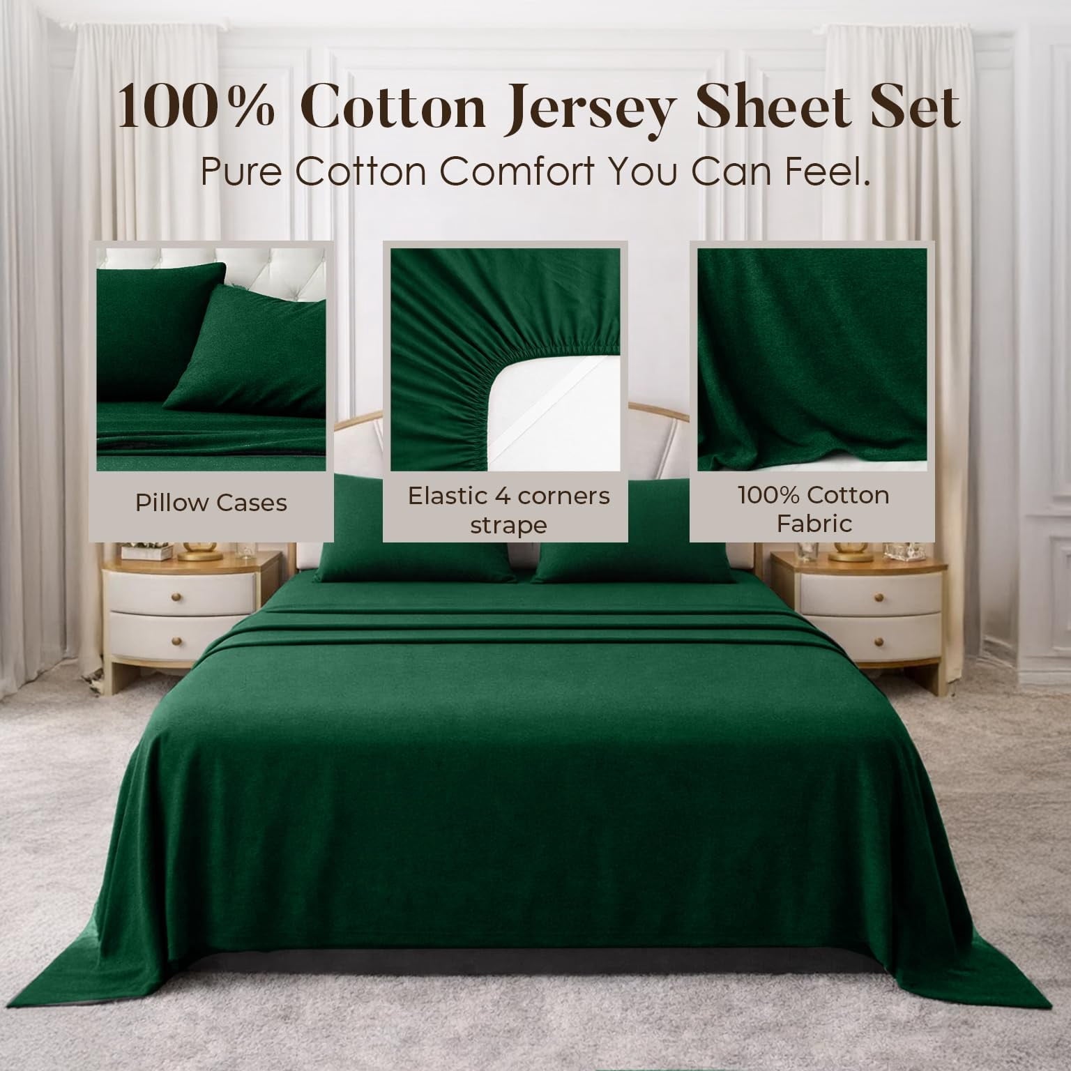 Breathable Luxury Bed Sheet Set Twin 3 Piece Hunter Green Breathable Soft Cotton Jersey Sheets with Deep Pockets, Unisex - Cooling Hotel Quality Bedding Sheets and Pillowcases Detail