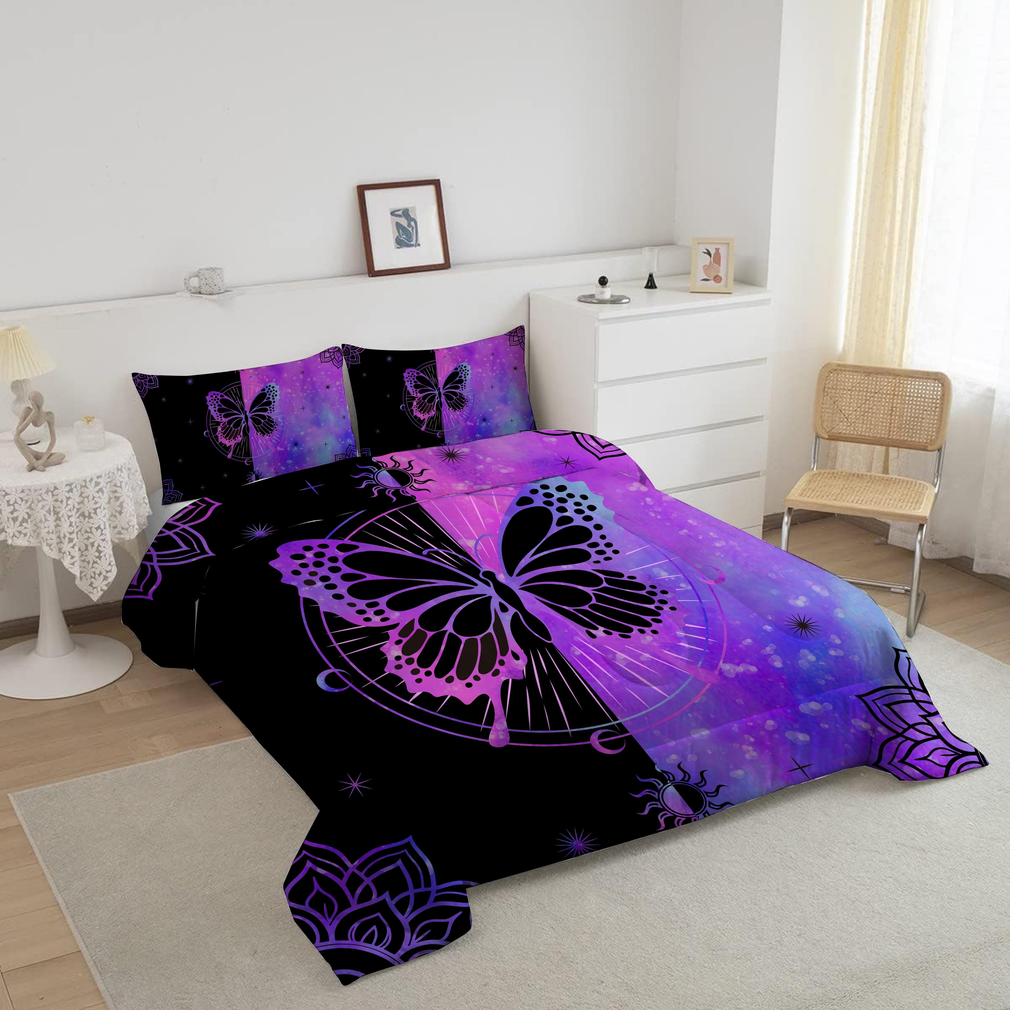 Hypoallergenic Cloud Butterfly Comforter Set Full Size for Girls Kids Teens Black Blue Purple Tie Dye Bedding Set 3 Pieces - Luxurious Quilted Duvet Cover Set Detail