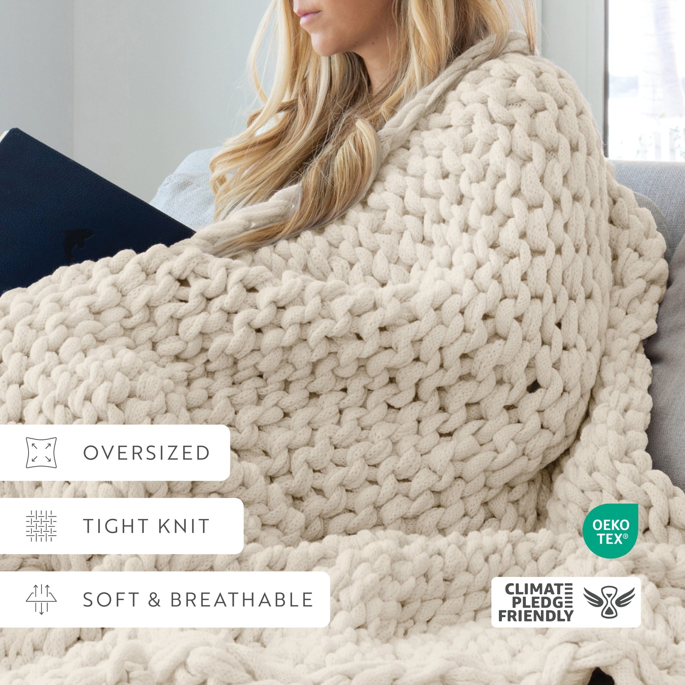 Super Soft Flannel Soft & Cozy Chunky Hand-Knit Throw Blanket, Ivory - Luxury Knitted Decorative Throw Blanket with Fringes Detail
