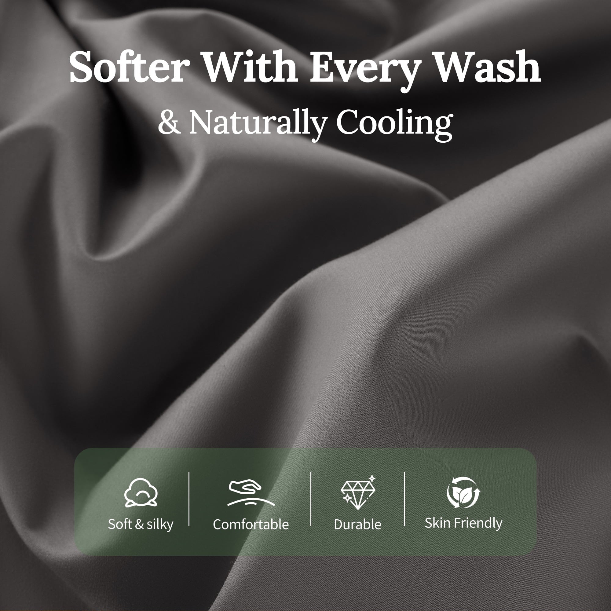 Cooling Sateen 100% Cotton Bed Sheets Set, 1000 Thread Count 4 Piece Luxury Soft Sheets Set with 16" Deep Pocket, Queen, Dark Gray - Luxury Bed Sheet Set with Deep Pockets Detail
