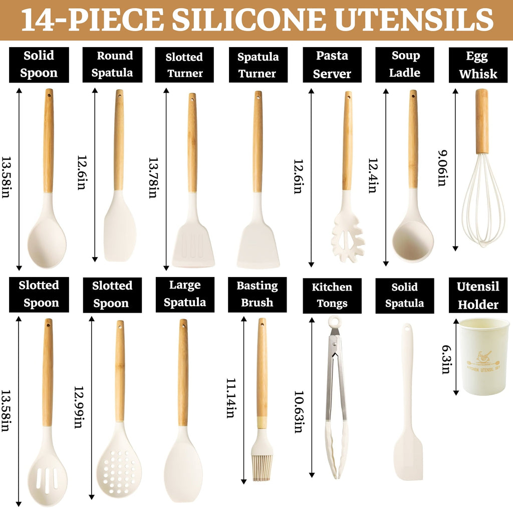 Non-Stick Safe 14-Piece Silicone Cooking Utensils Set, Non-Stick Kitchen Utensil Set for Baking, Flipping, Mixing, White - Durable Turner & Ladle Utensil Set for Home Chefs Detail