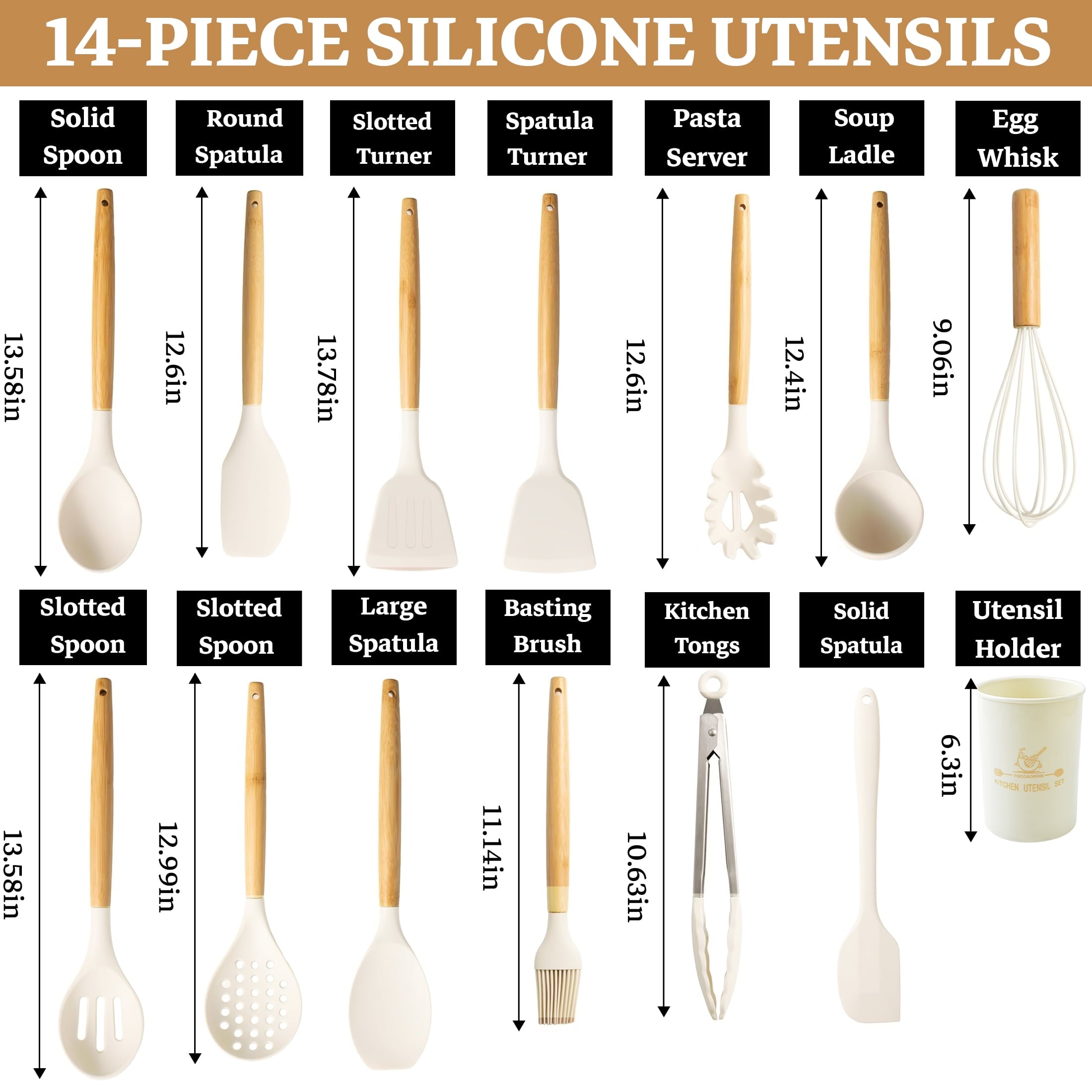 Non-Stick Safe 14-Piece Silicone Cooking Utensils Set, Non-Stick Kitchen Utensil Set for Baking, Flipping, Mixing, White - Durable Turner & Ladle Utensil Set for Home Chefs Detail