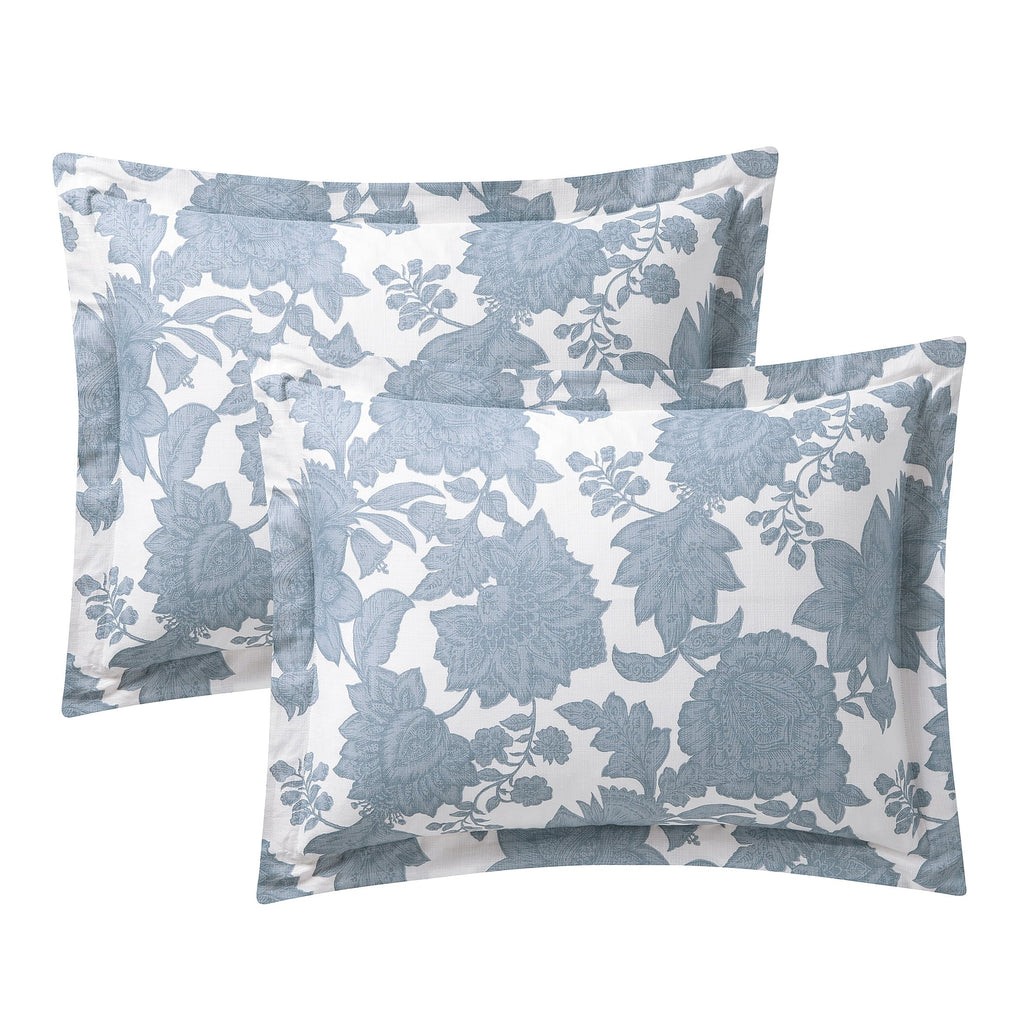 Luxurious Quilted Veronica 3-Piece Blue Floral Cotton Slub Comforter Set, King - Hypoallergenic Ultra-Fluffy Quilt for Winter Detail