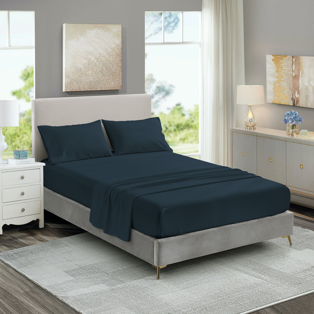 Wrinkle-Resistant 3-Piece Twin Sheet Set, Ultra-Soft 800 Thread Count Microfiber, Deep Pocket, Twin, Blue Indigo - Breathable Egyptian Cotton Flat & Fitted Sheets Detail