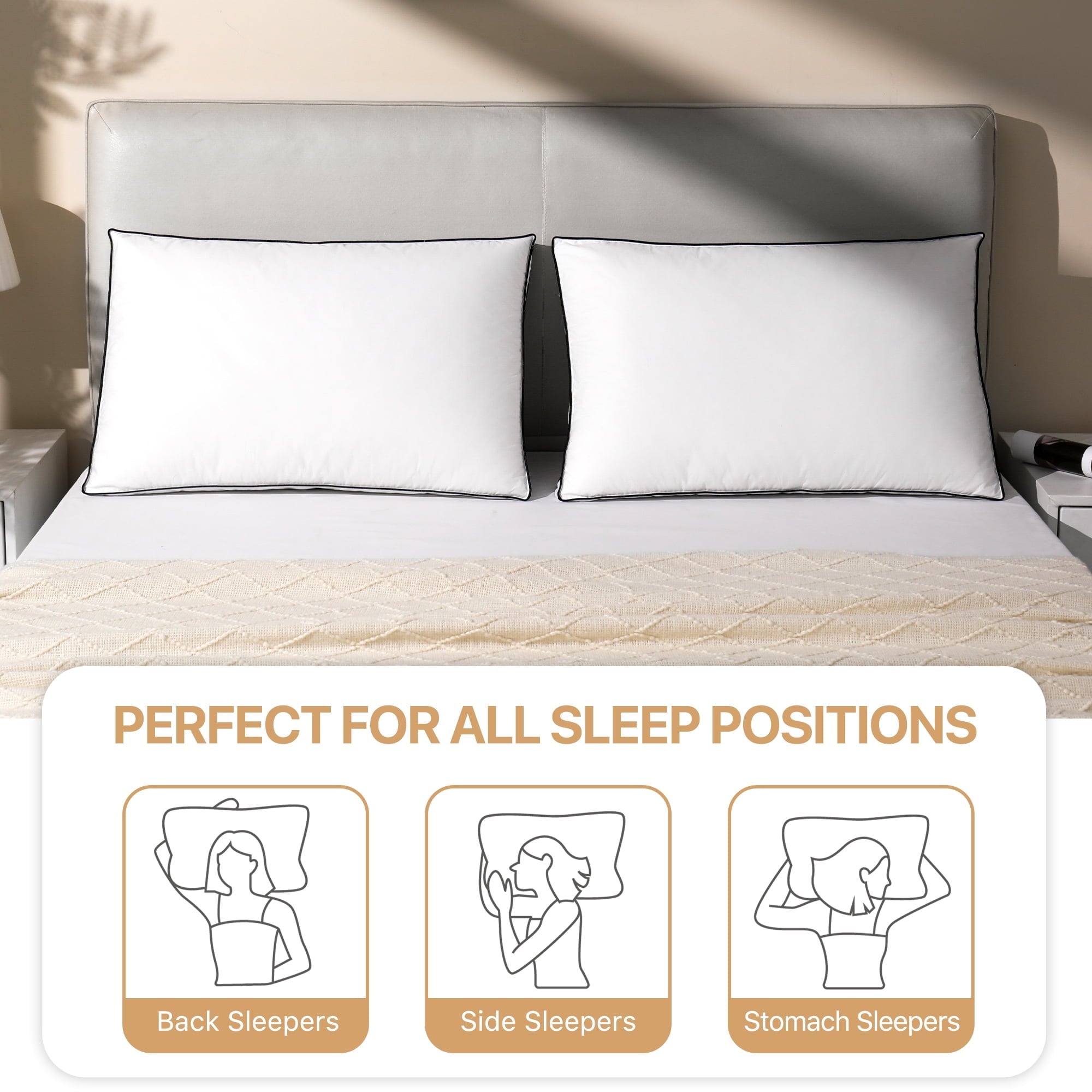 Decorative Plump Gusseted Feather Down Pillow Set of 2, Medium Firm Hotel Bed Pillows 2 Pack, Queen Size for Side Sleepers, 20 x 30 in - Orthopedic Shredded Foam Bed Pillow Set Detail