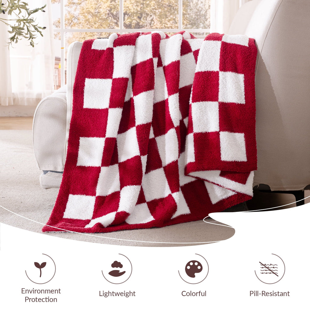 Cozy Fleece Checkered Knit Throw Blanket, Ultra Soft Cozy Fluffy Checkerboard Blankets, Lightweight Fuzzy Plush Throw for Couch a... - Super Soft Reversible Sherpa Flannel Blanket Detail