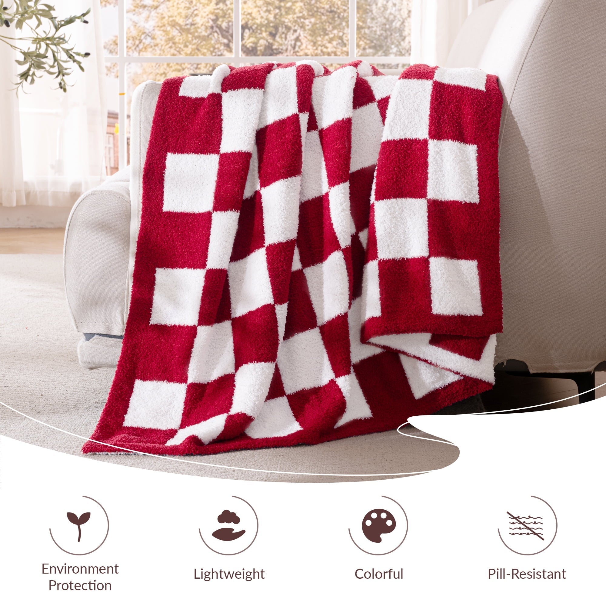 Cozy Fleece Checkered Knit Throw Blanket, Ultra Soft Cozy Fluffy Checkerboard Blankets, Lightweight Fuzzy Plush Throw for Couch a... - Super Soft Reversible Sherpa Flannel Blanket Detail