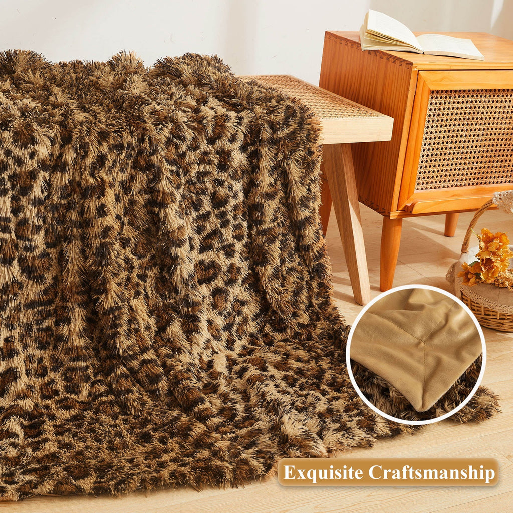 Lightweight Warm Luxury Faux Fur Leopard Print Throw, Soft 50x60 Cheetah Print Fluffy Blanket, Shaggy Plush Decorative Couch Throw, Cu... - Super Soft Reversible Sherpa Flannel Blanket Detail