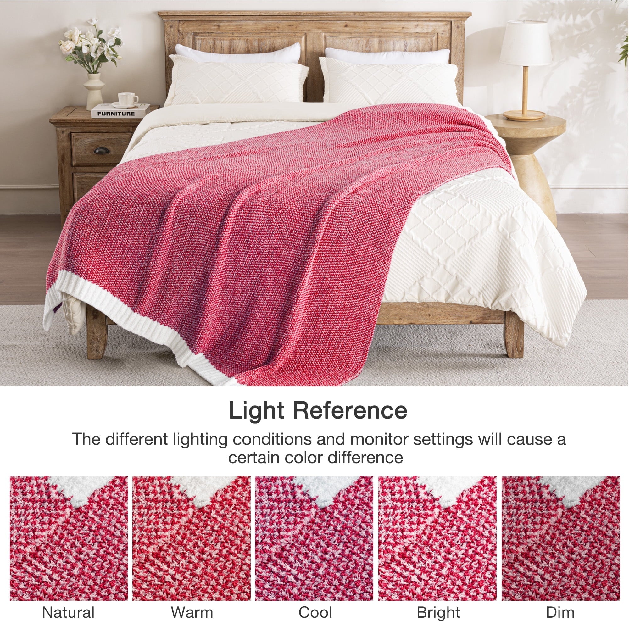 Cozy Fleece Knit Throw Blanket, Ultra Soft Cozy Fluffy Blankets, Lightweight Fuzzy Plush Throw for Couch and Bed, Mixed Red, 50"x60" - Super Soft Reversible Sherpa Flannel Blanket Detail