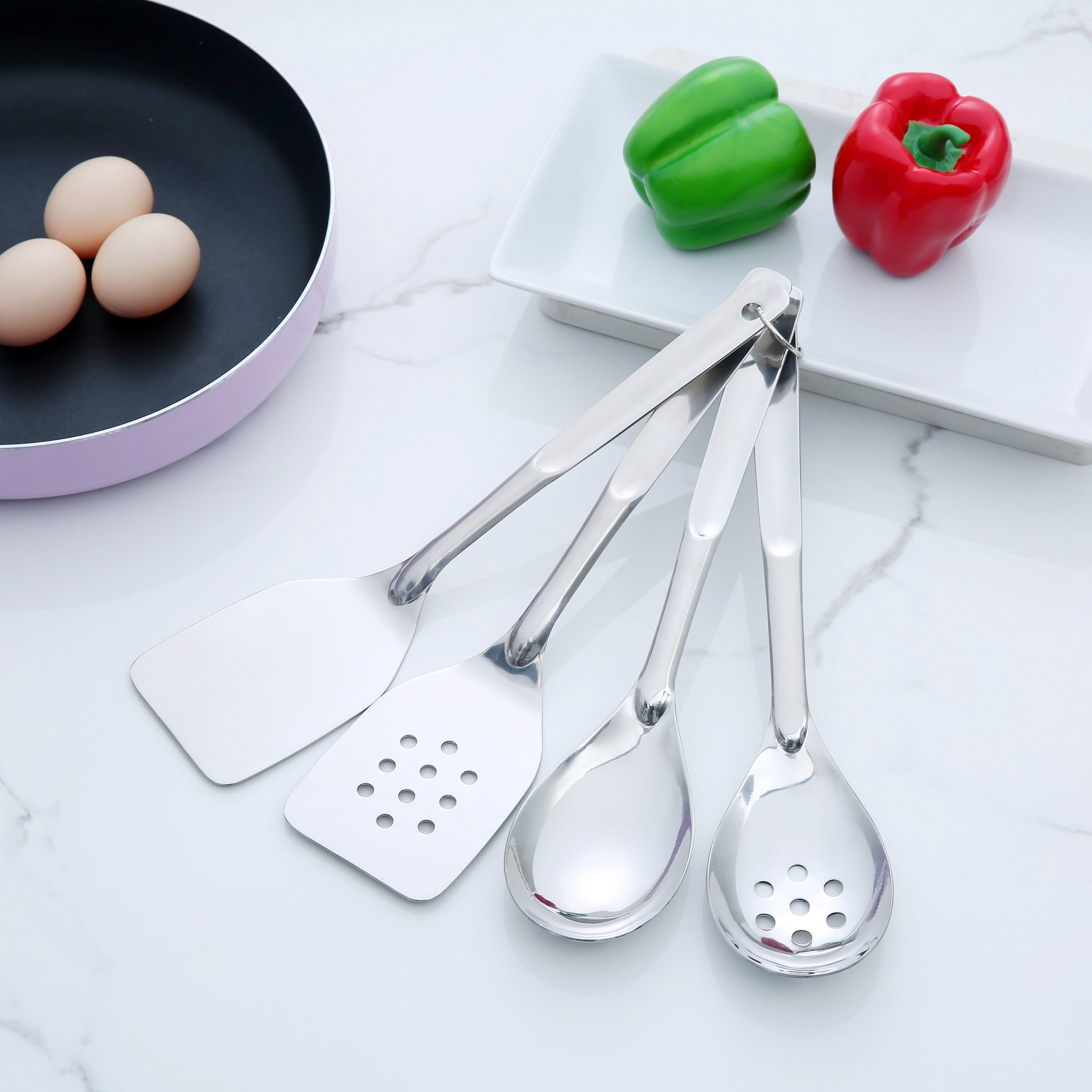 Premium Silicone Stainless Steel 4-Piece Utensil Set: Includes Spatula, Slotted Spatula, Spoon, and Slotted Spoon - Ergonomic Kitchen Tongs and Cooking Spoon Utensil Detail