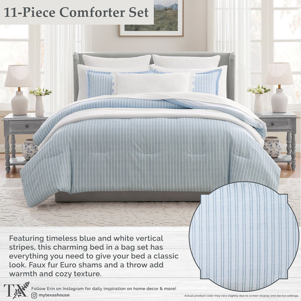 Luxurious Quilted Stripe 11-Piece Comforter Set with Sheets, Blue, Queen - All-Season Down Alternative Comforter Insert Detail
